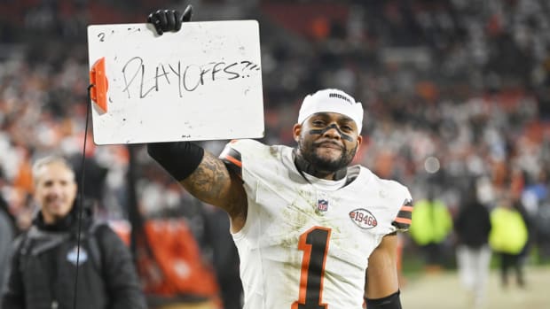 Dec 28, 2023; Cleveland, Ohio, USA; Cleveland Browns safety Juan Thornhill (1) celebrates after the Browns beat the New York Jets at Cleveland Browns Stadium. Mandatory Credit: Ken Blaze-USA TODAY Sports  